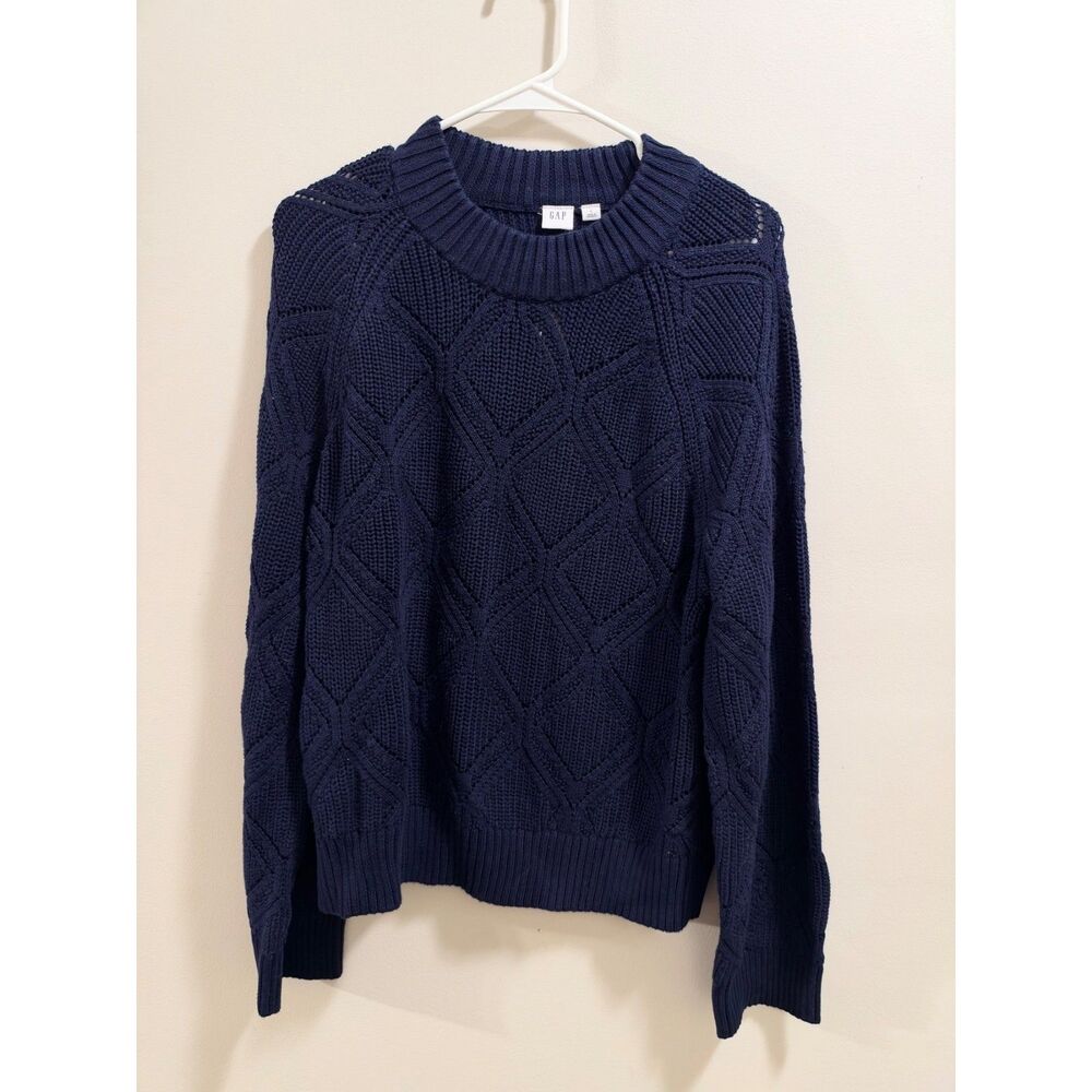 NEW GAP Women's Texture Knit Crewneck 100% Cotton Sweater Navy Blue Size L NWT